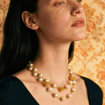 Gilt Filigree Rose · Pearl Long Necklace