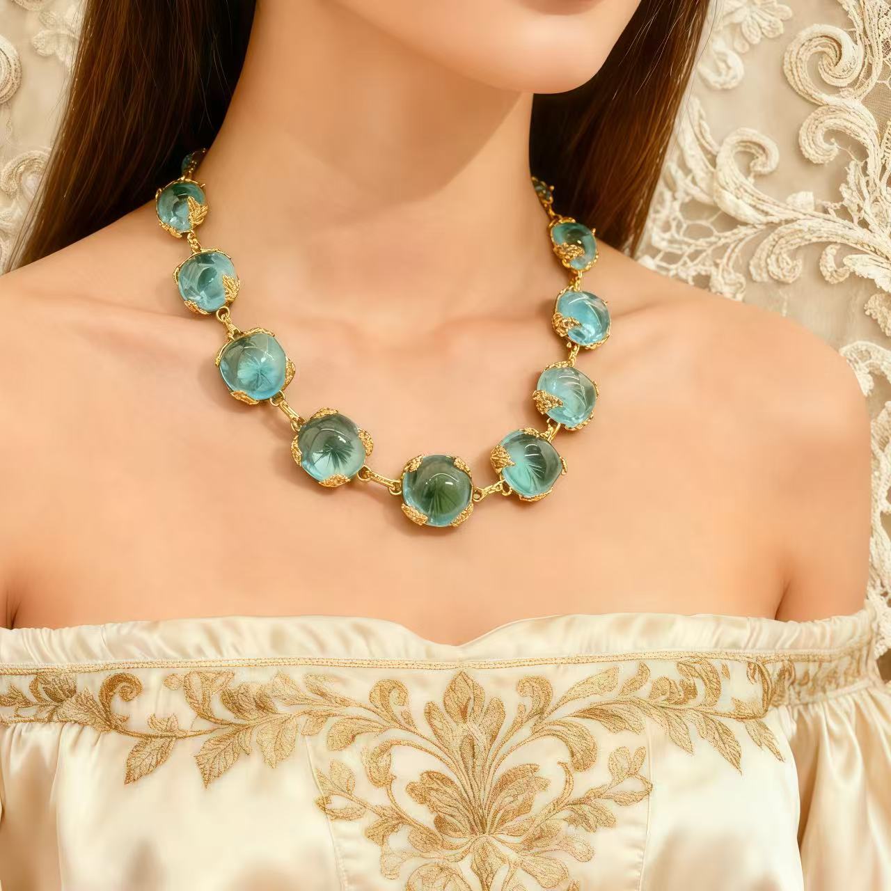 Gold-Plated · Aqua Sunburst Glass Necklace