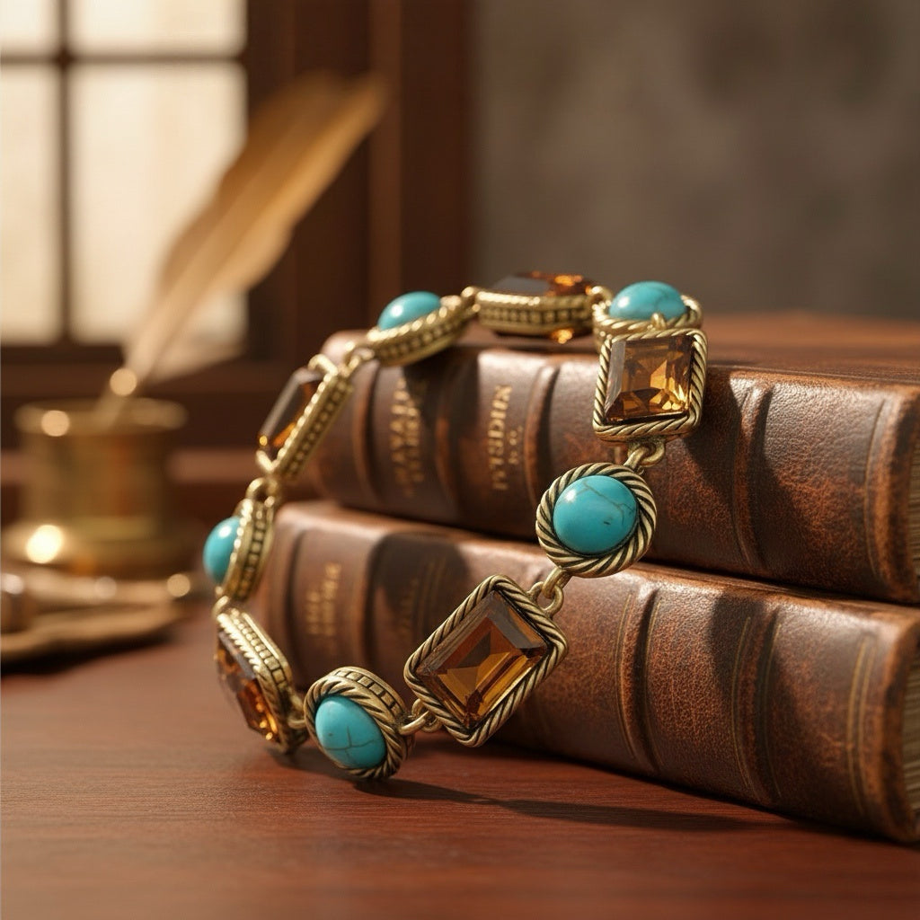 Gilt Rope-Bezel · Turquoise & Smoky-Topaz Glass Bracelet
