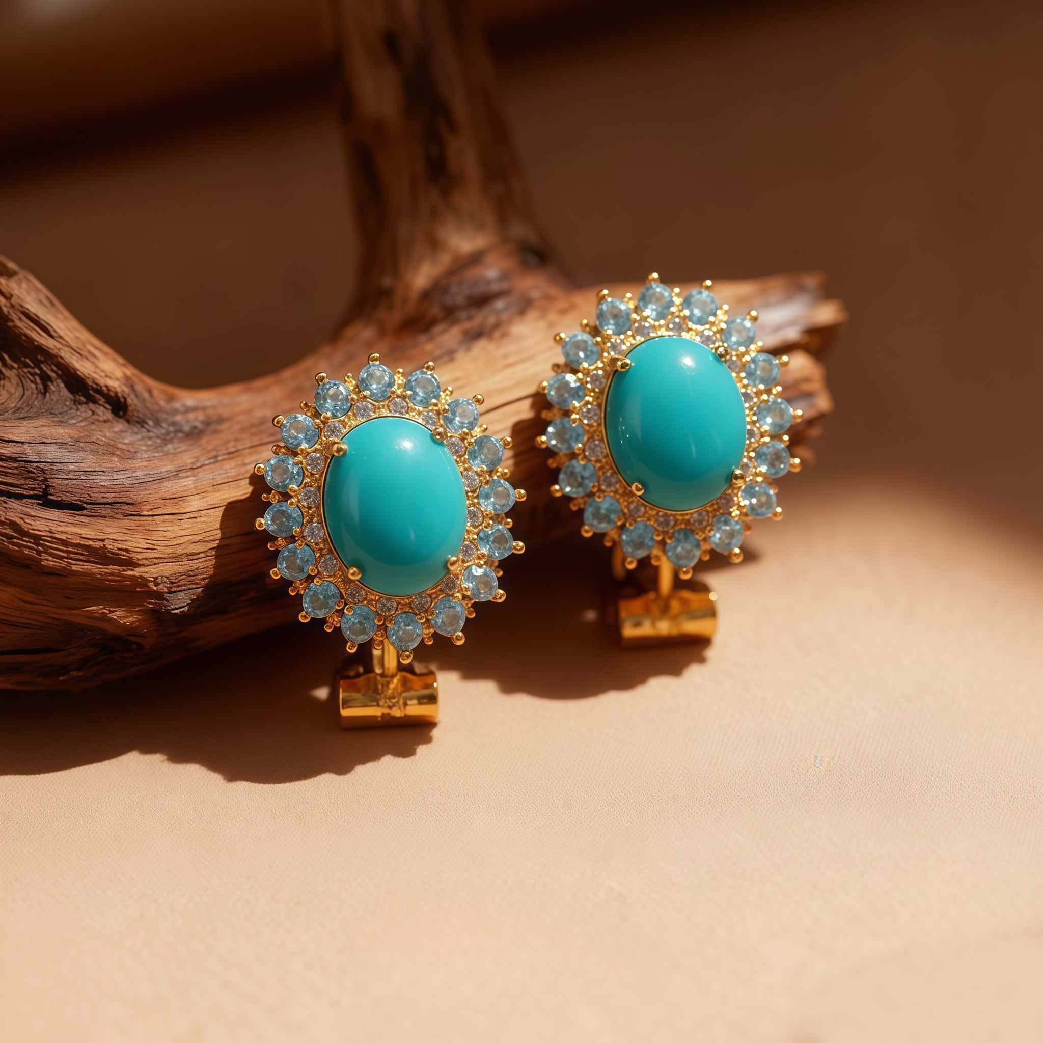 Gold-Plated · Turquoise Cabochon Halo Earrings