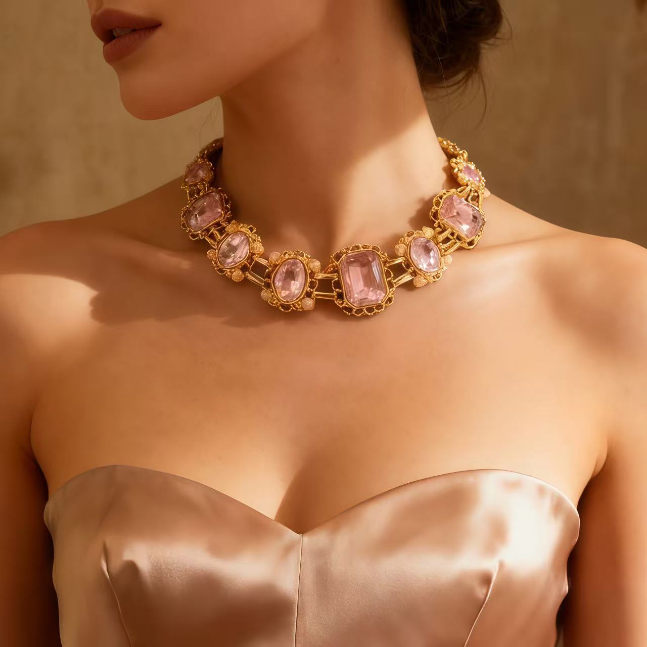 Antique-Gilt Beaded Rim · Blush Crystal Plaque Necklace