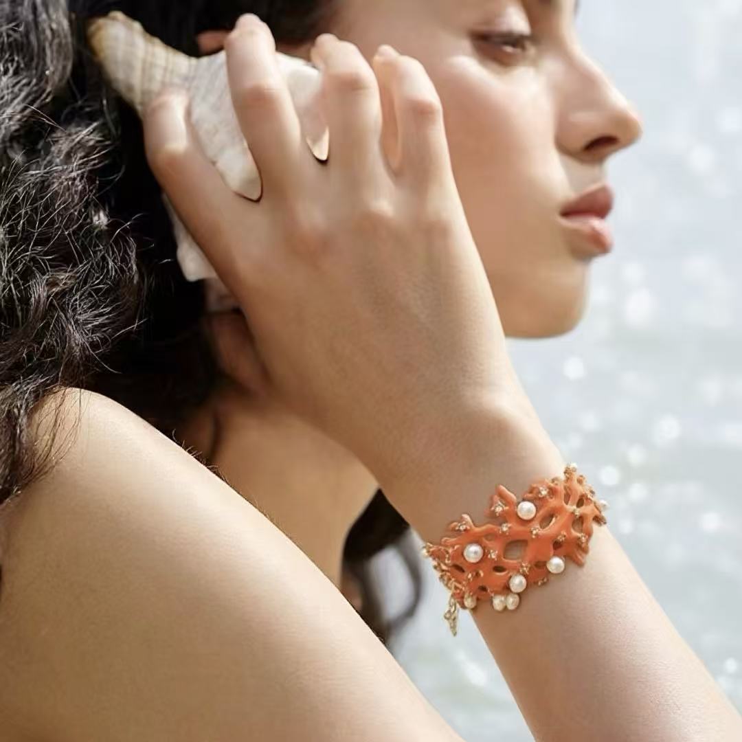 Coral-Enamel · Pearl & Pavé Bracelet