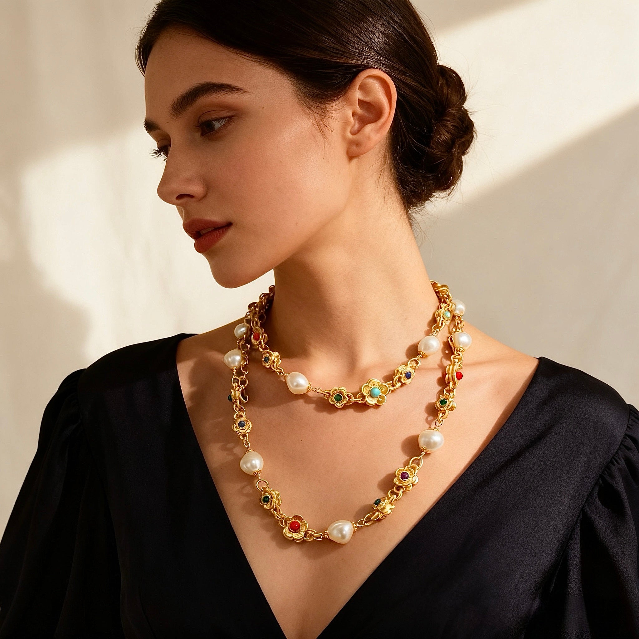 Enamel Flower-Pearl Necklace