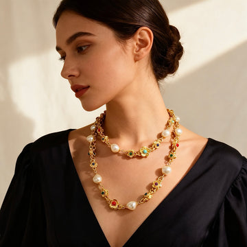 Enamel Flower-Pearl Necklace