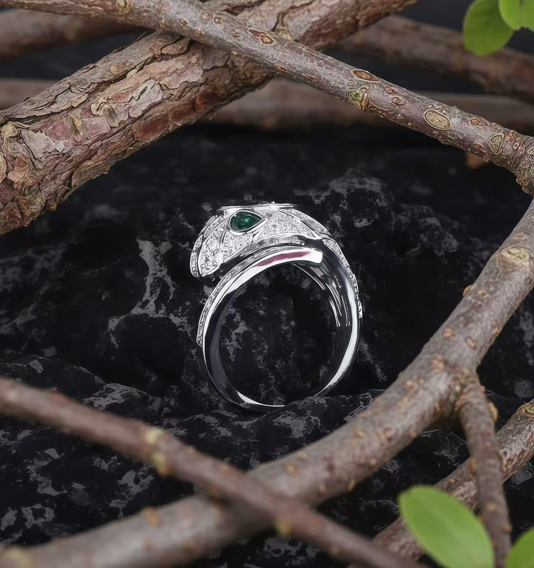 White-Gilt CZ · Amethyst-Heart & Emerald Eyes Serpent Ring