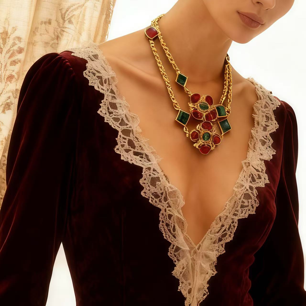 Antique-Gilt Rope Chain · Ruby/Emerald Glass Medallion Necklace