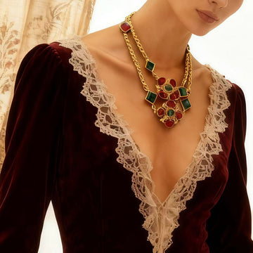 Antique-Gilt Rope Chain · Ruby/Emerald Glass Medallion Necklace