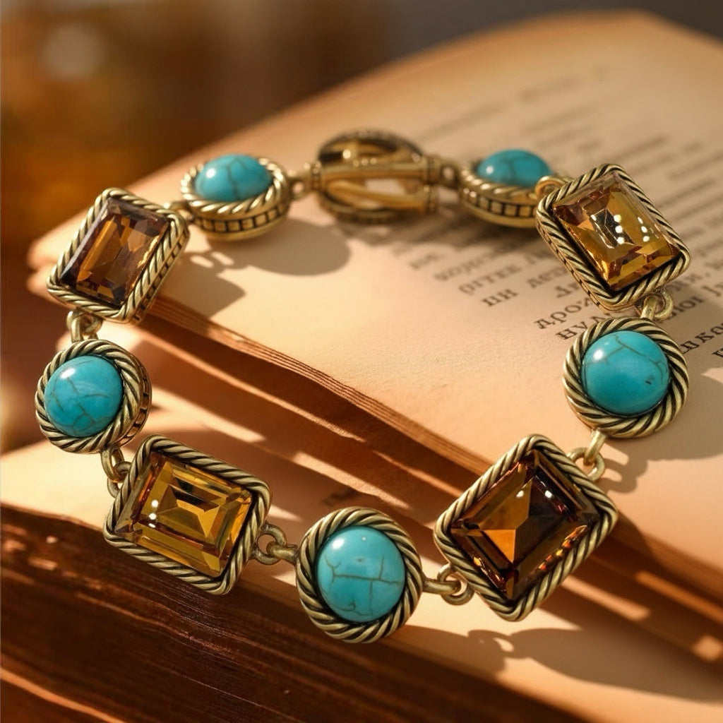 Gilt Rope-Bezel · Turquoise & Smoky-Topaz Glass Bracelet