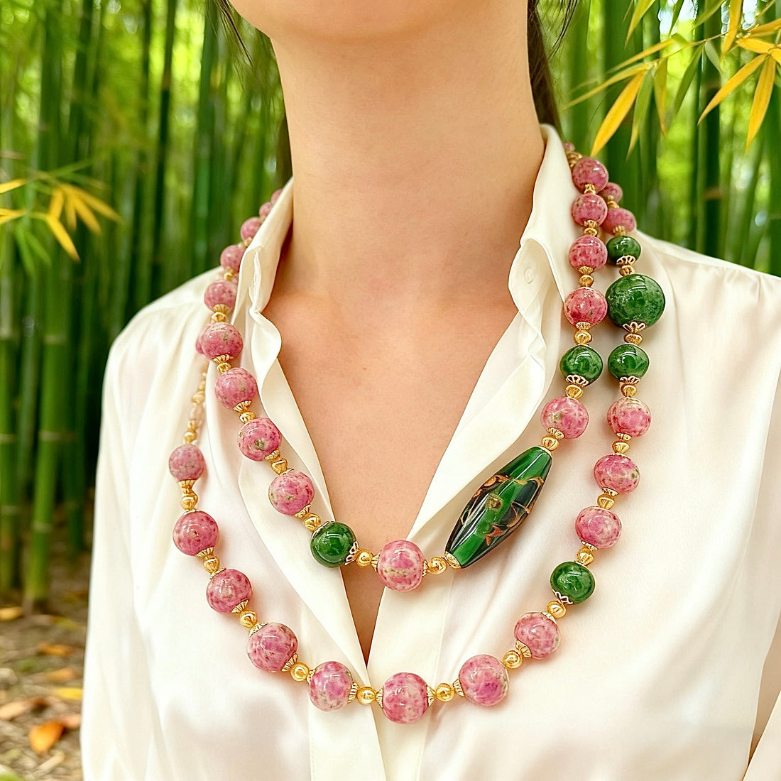Kiln-Glazed Ceramic Beads · Cloisonné Tube Long Necklace