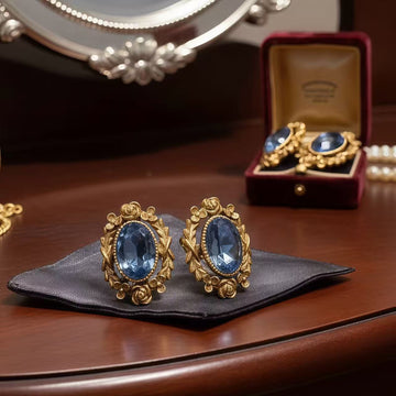 Antique-Gilt Ornate · Blue Crystal Oval Studs