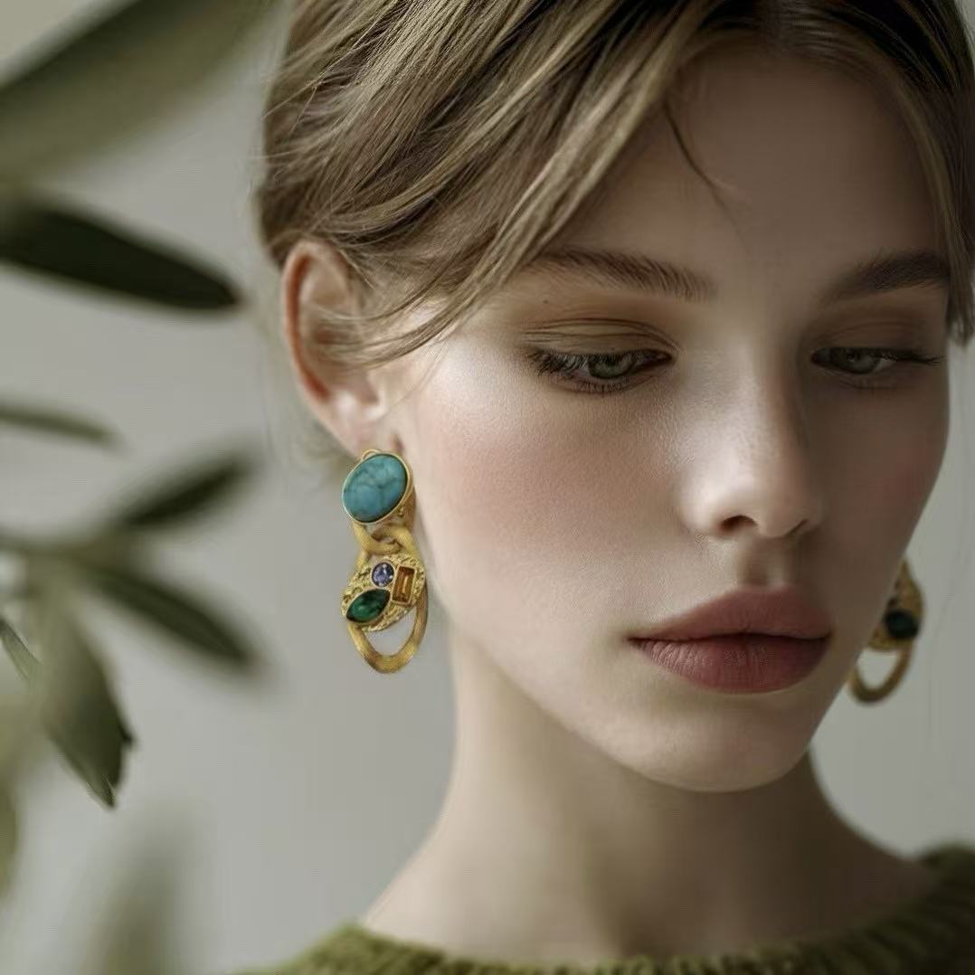 Gold-Plated · Turquoise Multi-Cut Clip Earrings