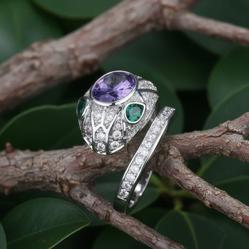 White-Gilt CZ · Amethyst-Heart & Emerald Eyes Serpent Ring