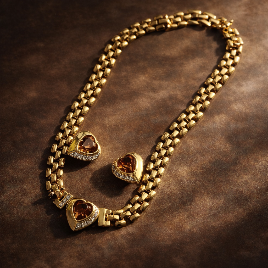 Gilt Triple-Brick Chain · Heart Smoky Crystal Choker