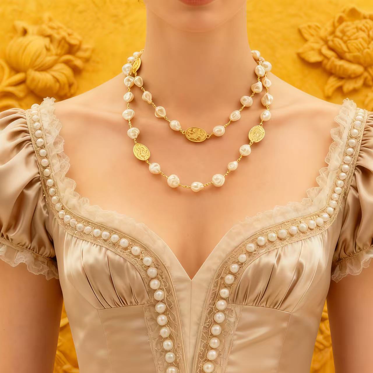 Granulated Edge · Coin-Medallion Pearl Necklace