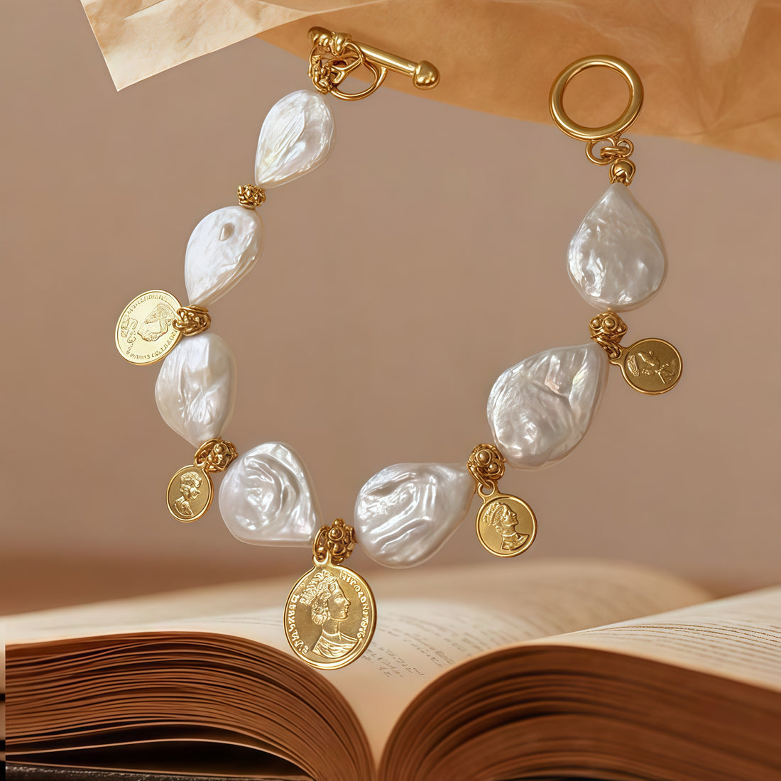 Real-Gold Plated · Baroque Pearl Coin-Charm Bracelet