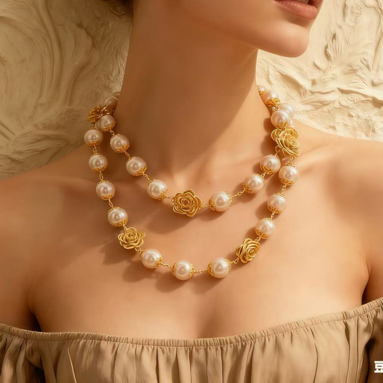Gilt Filigree Rose · Pearl Long Necklace