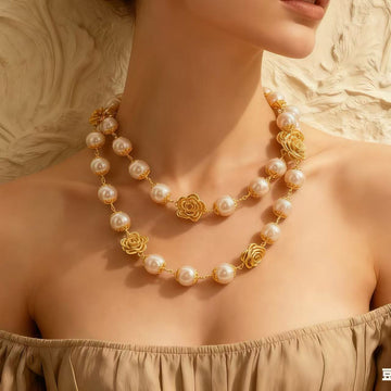 Gilt Filigree Rose · Pearl Long Necklace