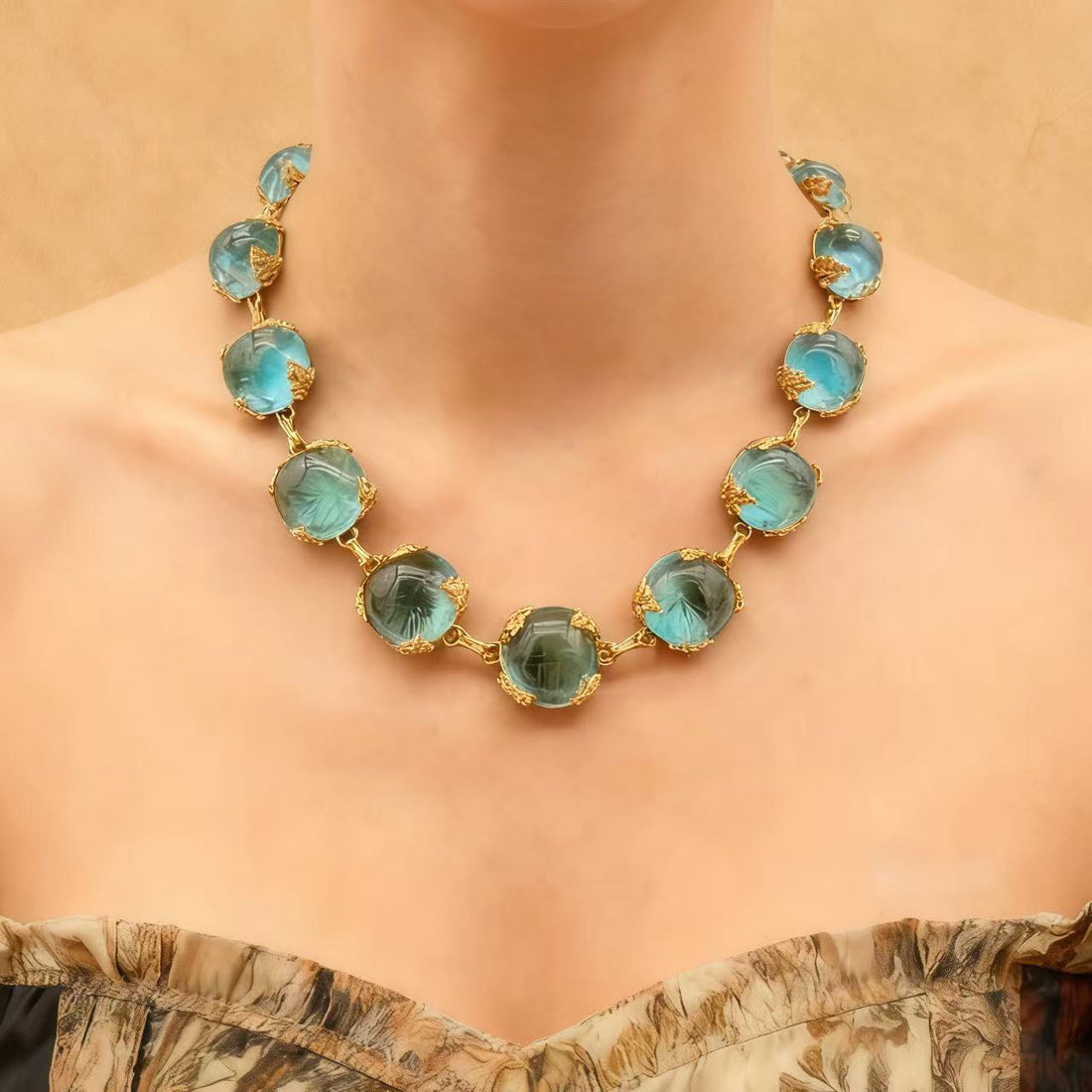 Gold-Plated · Aqua Sunburst Glass Necklace